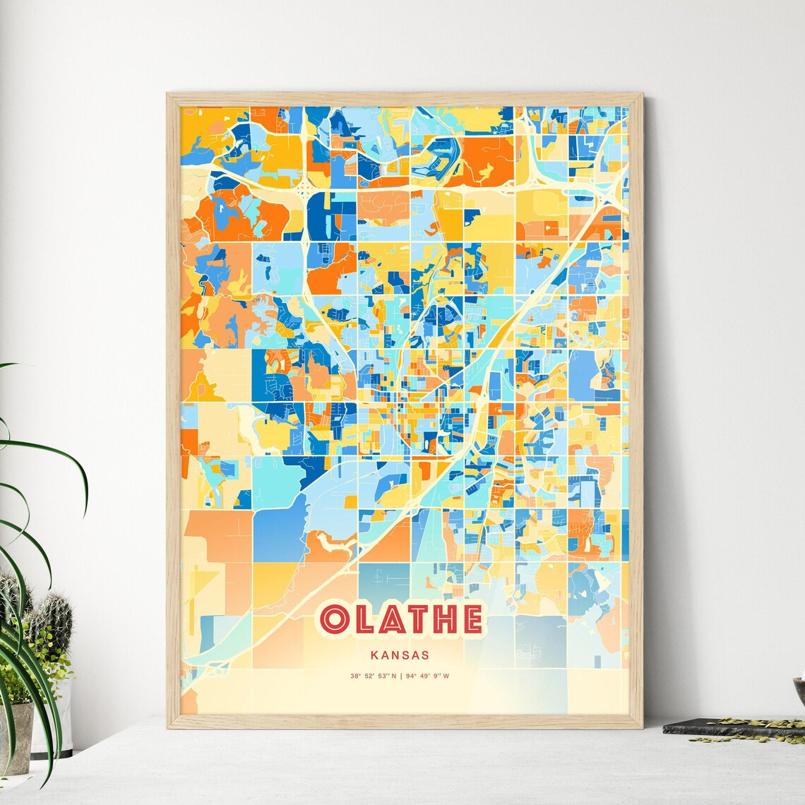 Olathe Kansas Vibrant Blue Orange Modern City Map Art Poster
