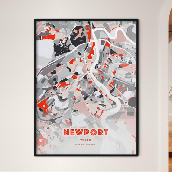 Newport Wales City Map Art Modern Red Gray Coordinate Poster