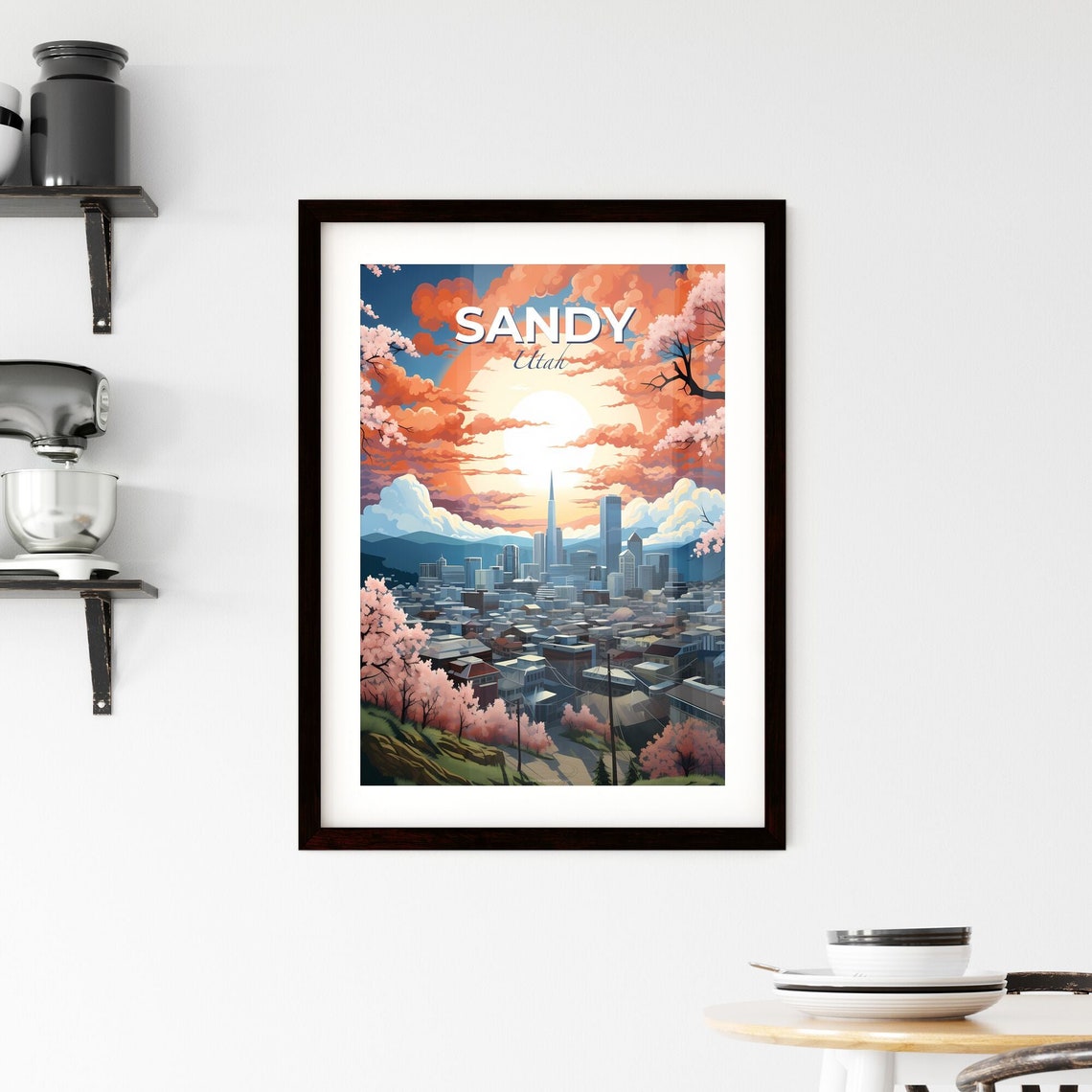 Sandy Utah City Skyline Sunset With Cherry Blossom Trees Poster - Image 2