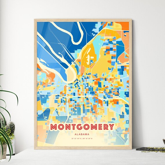 Montgomery Alabama Vibrant Modern City Map Art Coordinates Print