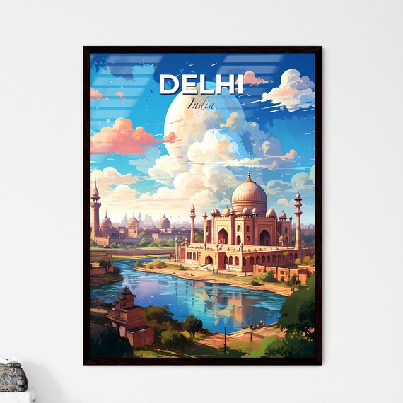 Delhi India Travel Poster Golden Domed Monument River Sunset Illustration