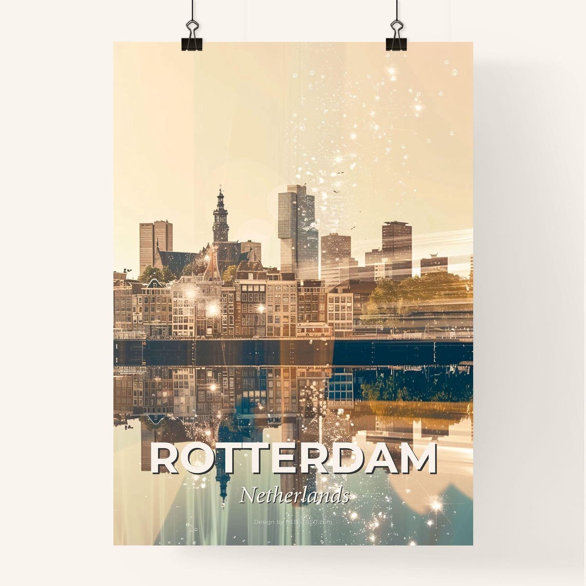 Rotterdam Netherlands Harbor Skyline Mirrored Golden Art Poster - Image 4