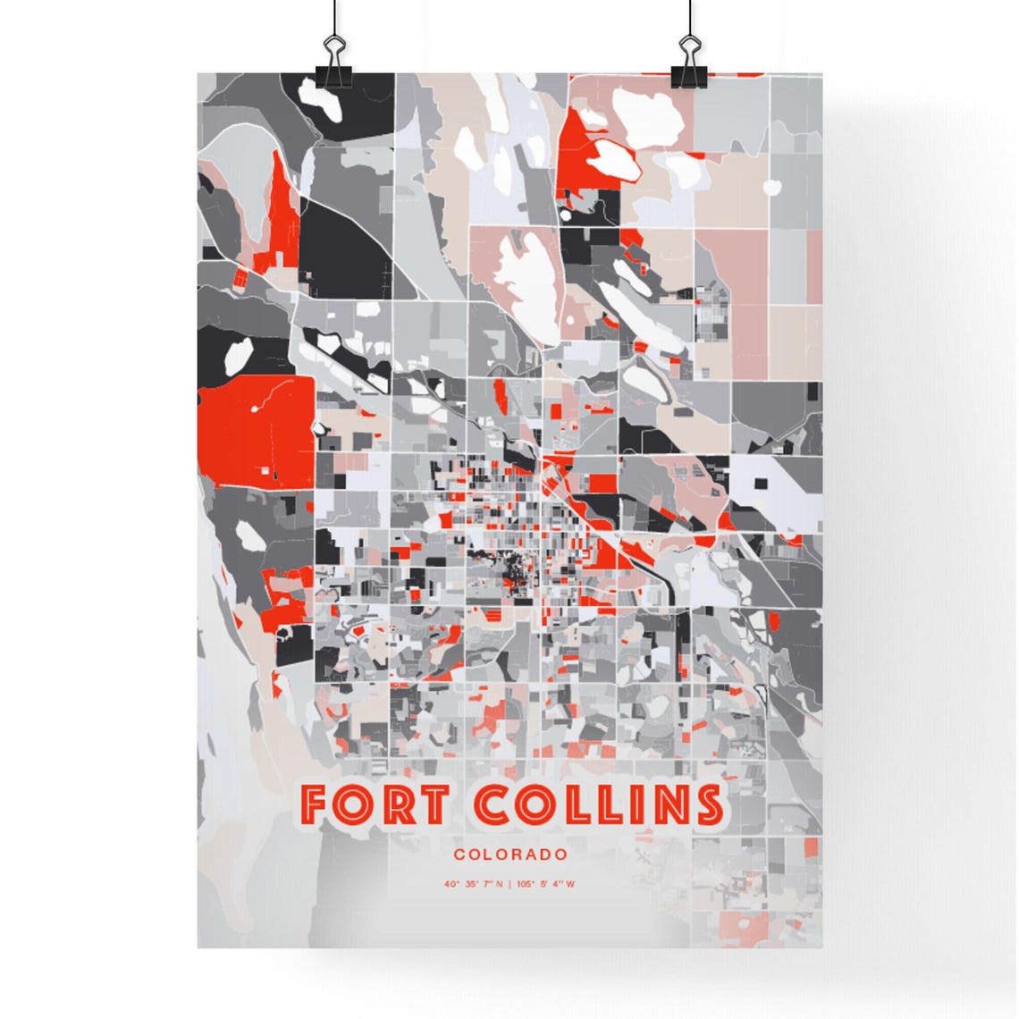 Fort Collins Colorado Expressive Red Abstract City Map Art Poster - Image 3