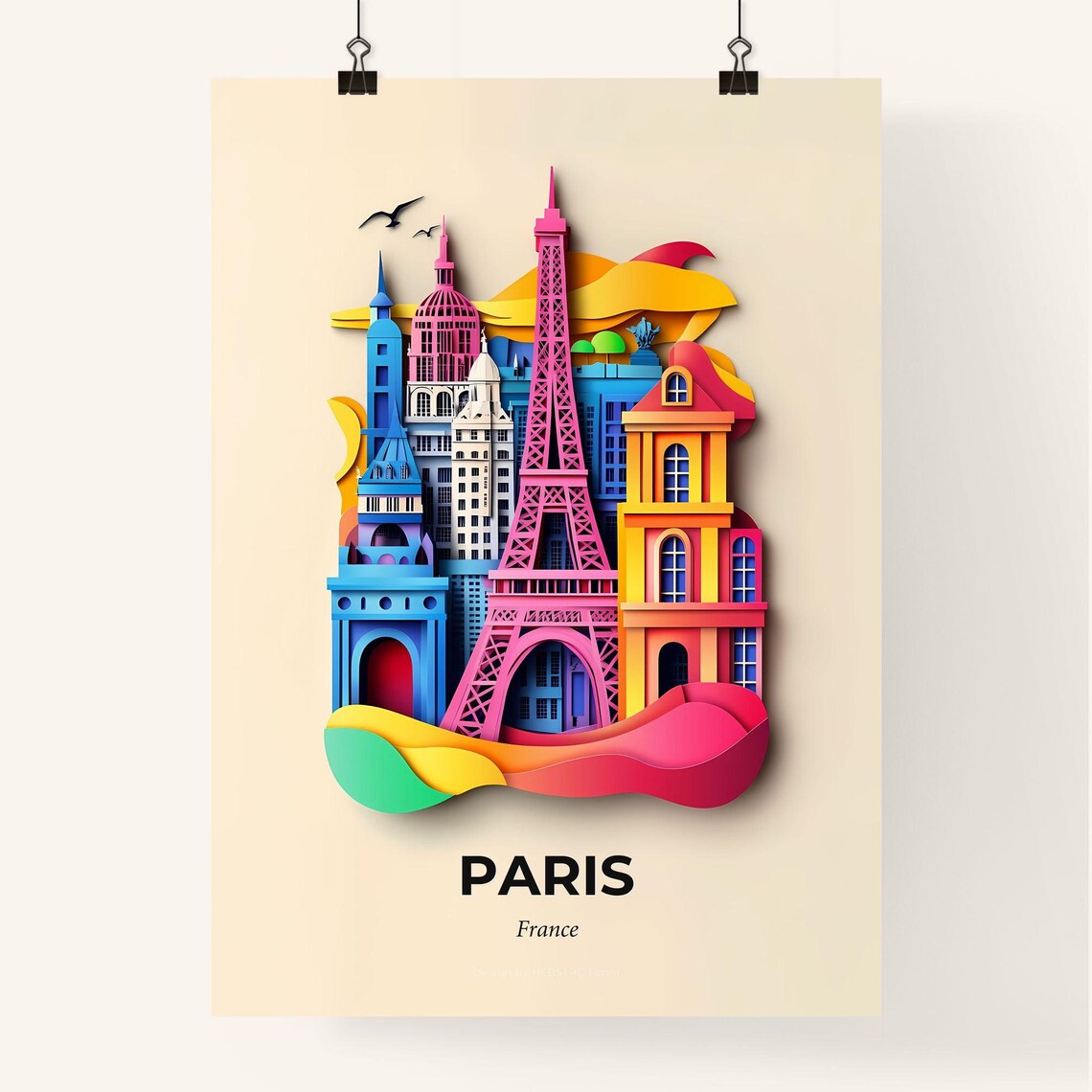 Paris France Colorful Paper Cut Eiffel Tower Skyline Travel Poster - Image 4