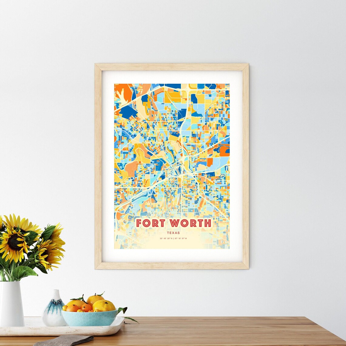 Fort Worth Texas Colorful City Map Art Poster Blue And Orange Grid Design - Image 2