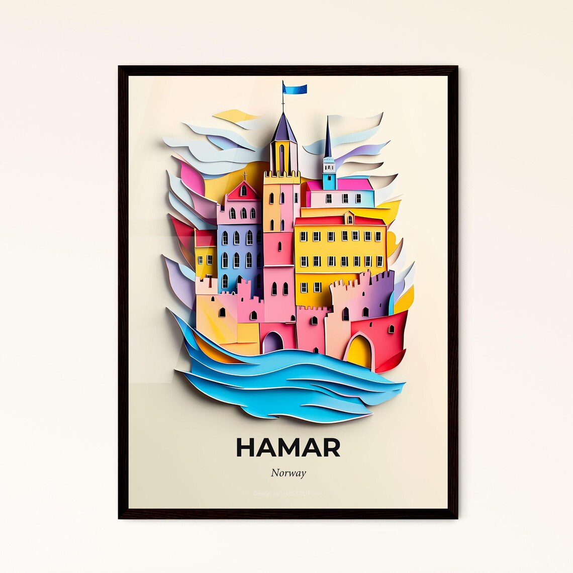 Hamar Norway Colorful Paper Cut Castle Town on the Water Poster