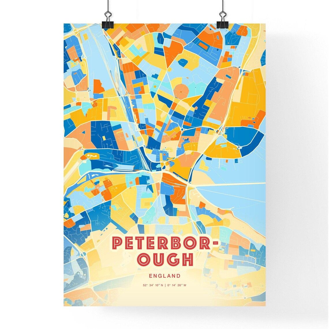 Peterborough England Colorful Blue Orange City Street Map Art Poster - Image 3