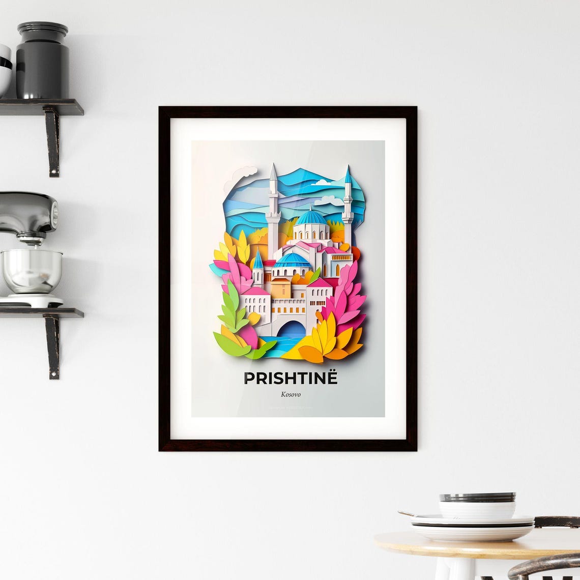 Vivid Prishtin Pritina Kosovo A Paper Cut Of A Mosque With A Blue Dome Fine Art Print Customizable - Image 2