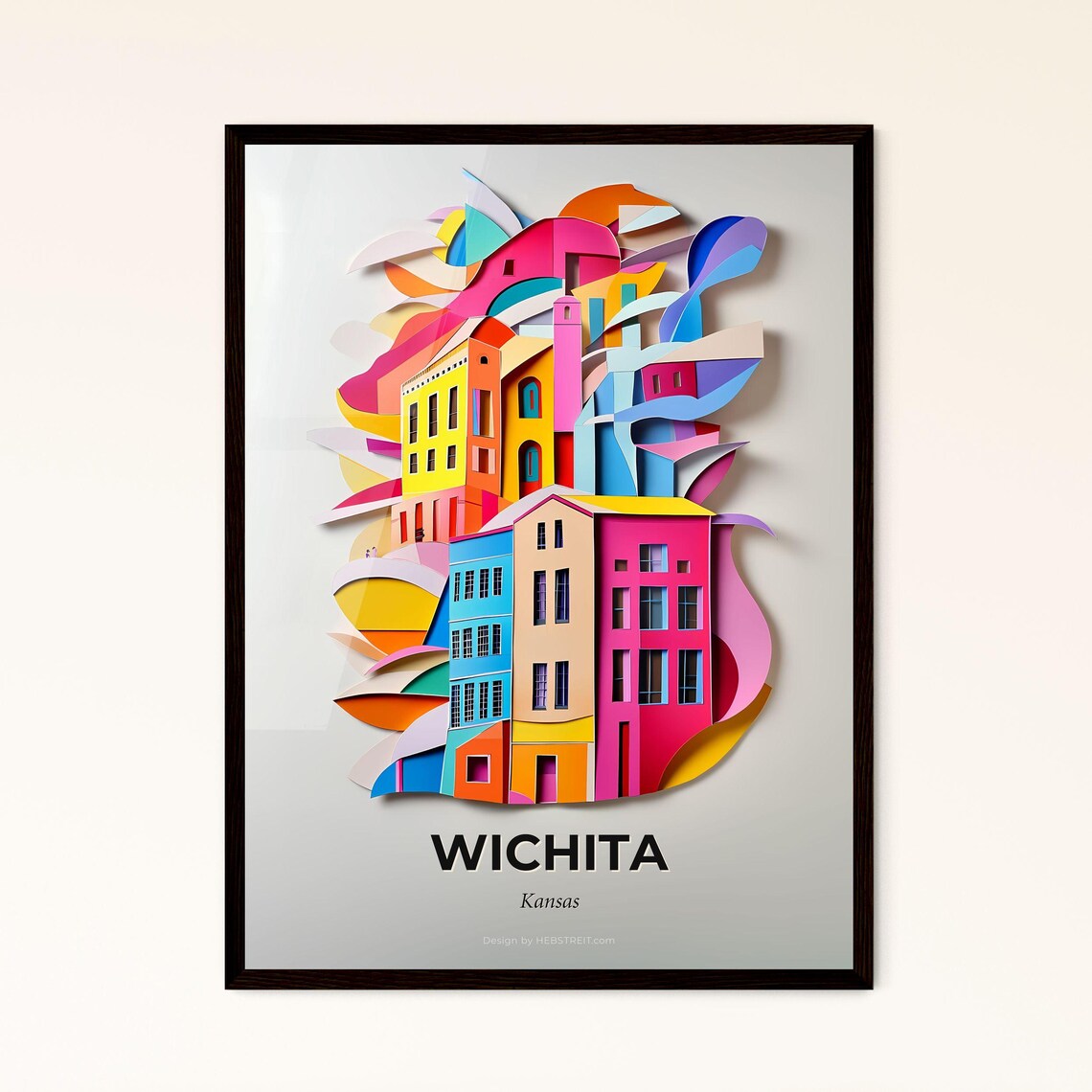 Wichita Kansas Colorful Paper Cut City Buildings Travel Poster Art