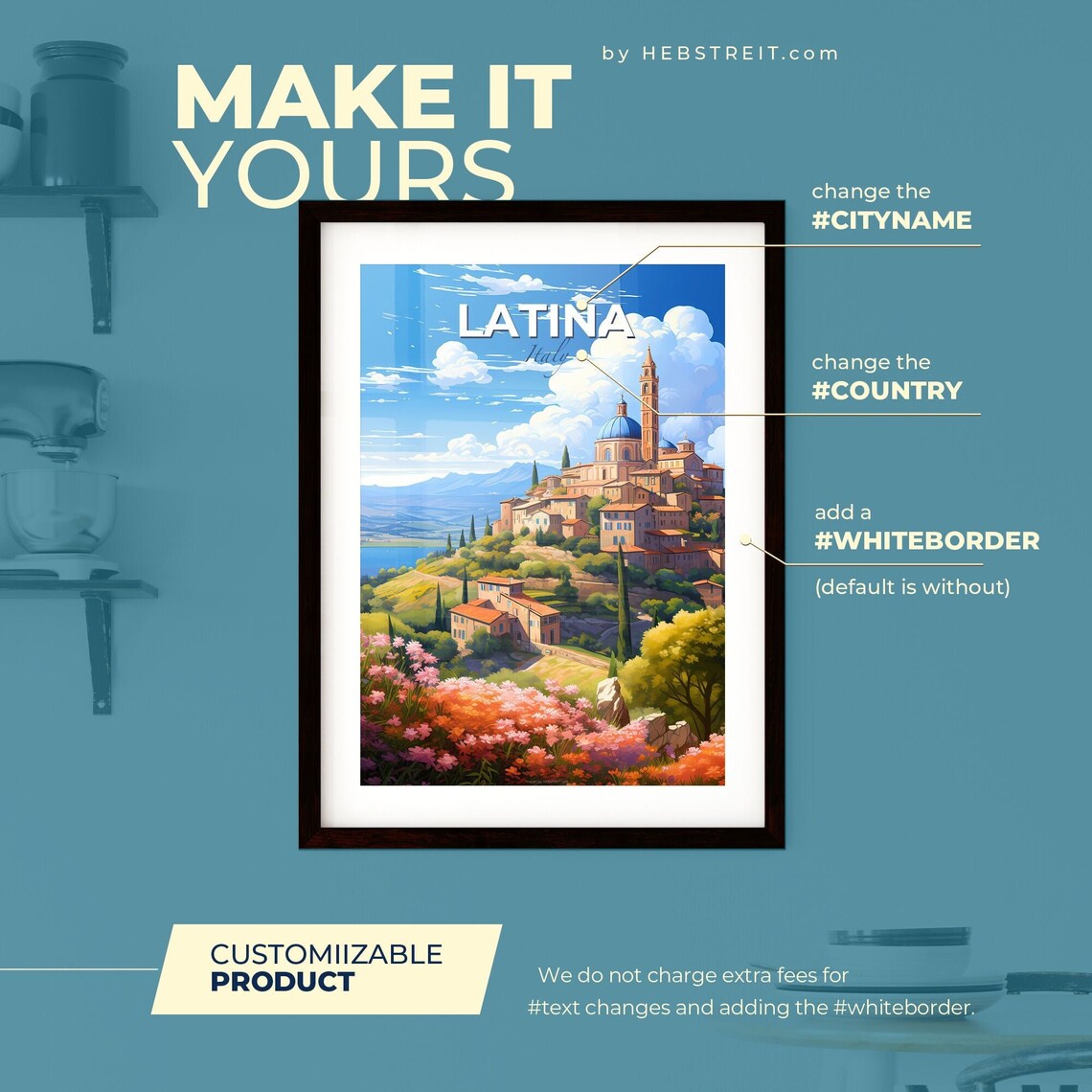 Latina Italy Hilltop Old Town Church Spring Flowers Travel Poster - Image 2