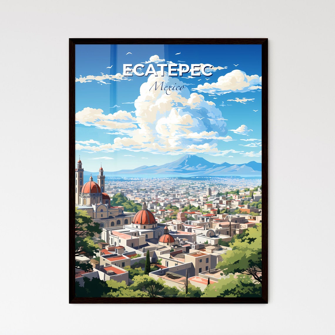 Ecatepec Mexico Colonial Church Skyline Vintage Style Travel Poster