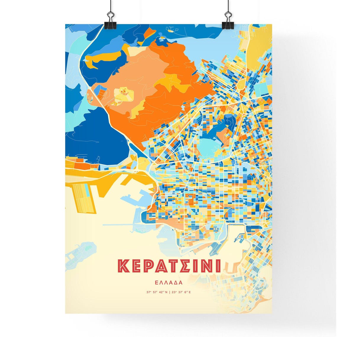 Keratsini Greece Colorful Blue Orange City Map Retro Art Print - Image 3