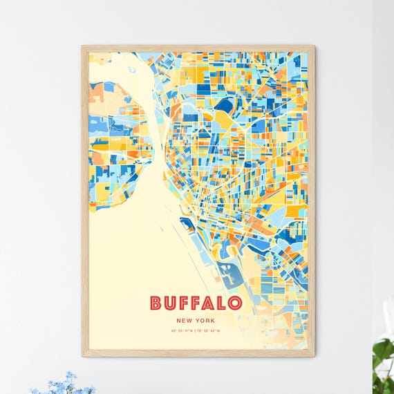 Colorful Buffalo New York Blue Orange Fine Art Print Buffalo Usa City Map Customizable Poster Print Unique Wall Decor Personalized Gift