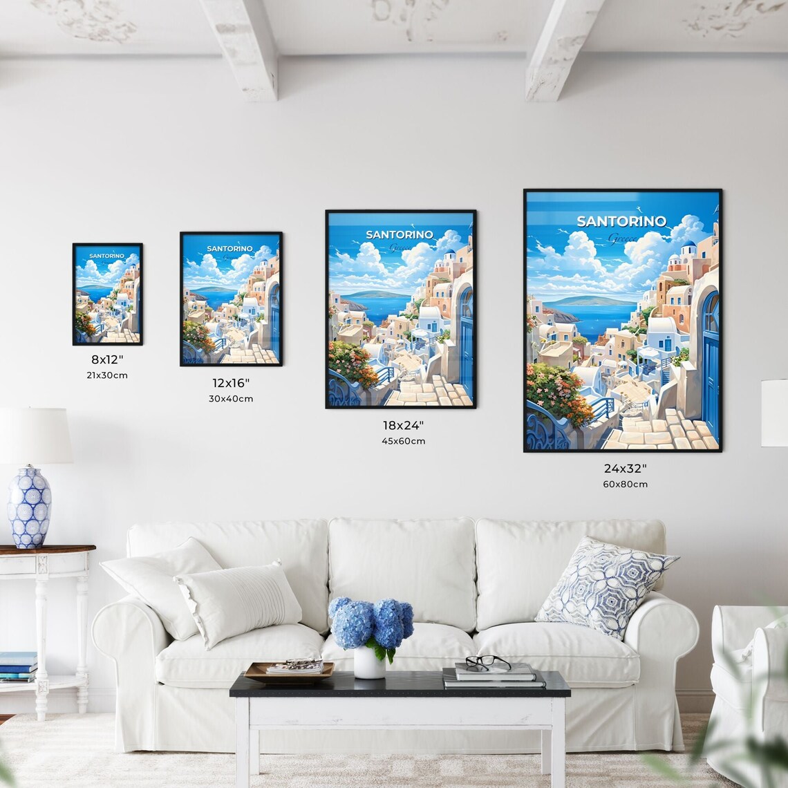 Santorino Greece Cliffside Blue Domes Aegean Sea Vintage Travel Poster - Image 3
