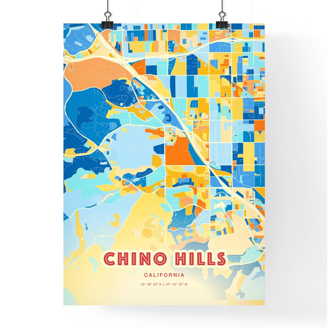 Chino Hills California Colorful Blue Orange Map Art Poster Wall Decor