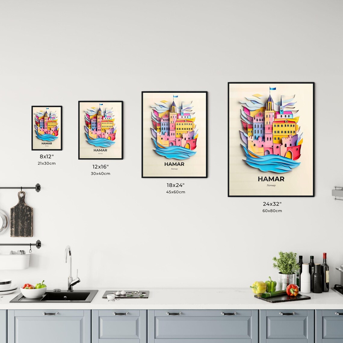 Hamar Norway Colorful Paper Cut Castle Town on the Water Poster - Image 3