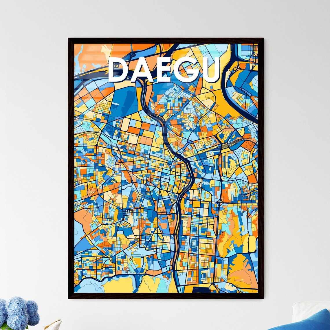 Daegu South Korea Stylish Vibrant Blue and Orange Mosaic City Map Poster