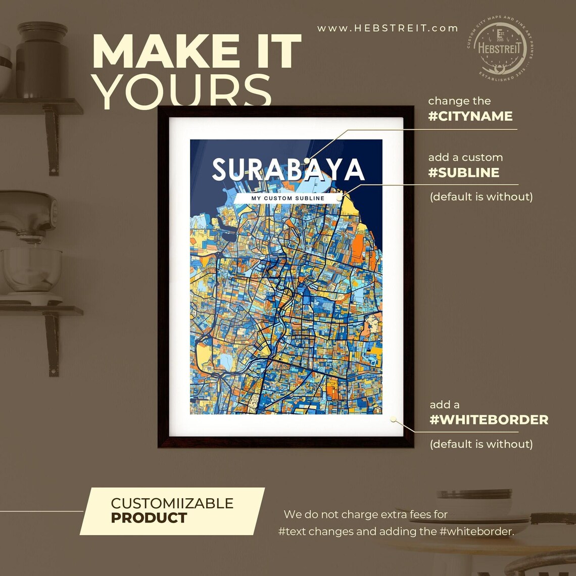 Surabaya Indonesia Stylish Vibrant Blue and Orange Mosaic City Map Poster - Image 2