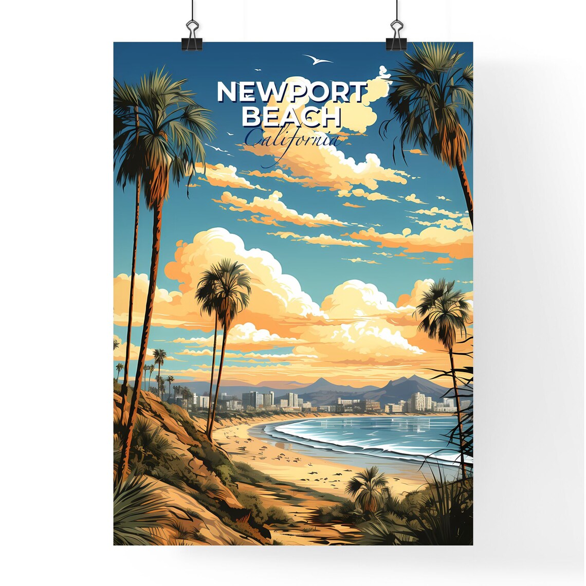 Newport Beach California Beach Palms Bay Skyline Travel Poster - Image 4