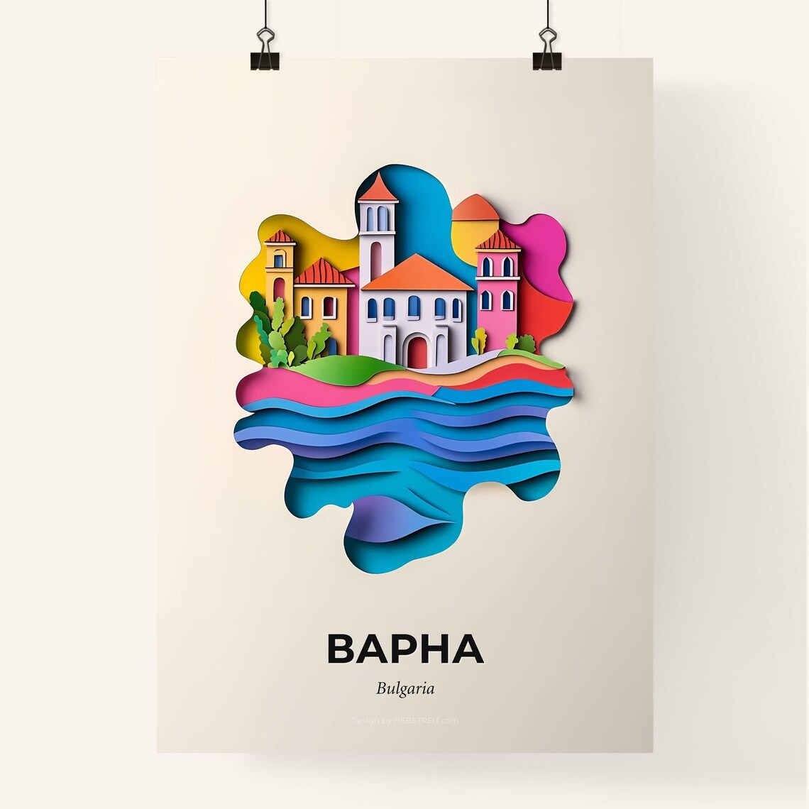 Varna Bulgaria Colorful Paper Cut Black Sea Waves Travel Poster - Image 4