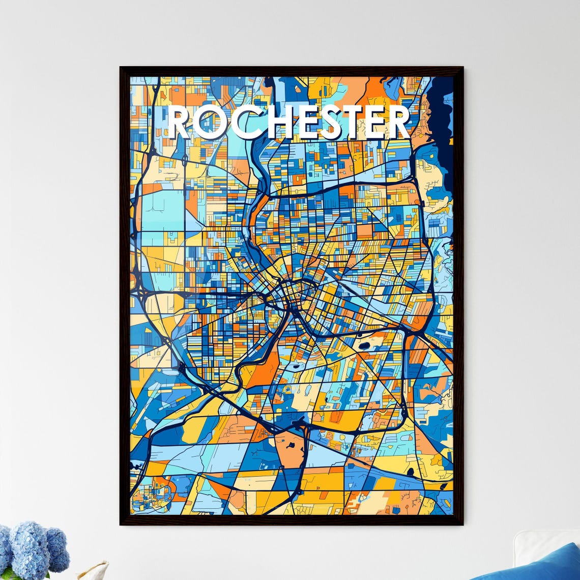 Rochester Bold Blue Orange City Map Wall Decor Poster Artwork