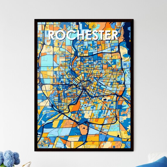 Rochester Bold Blue Orange City Map Wall Decor Poster Artwork