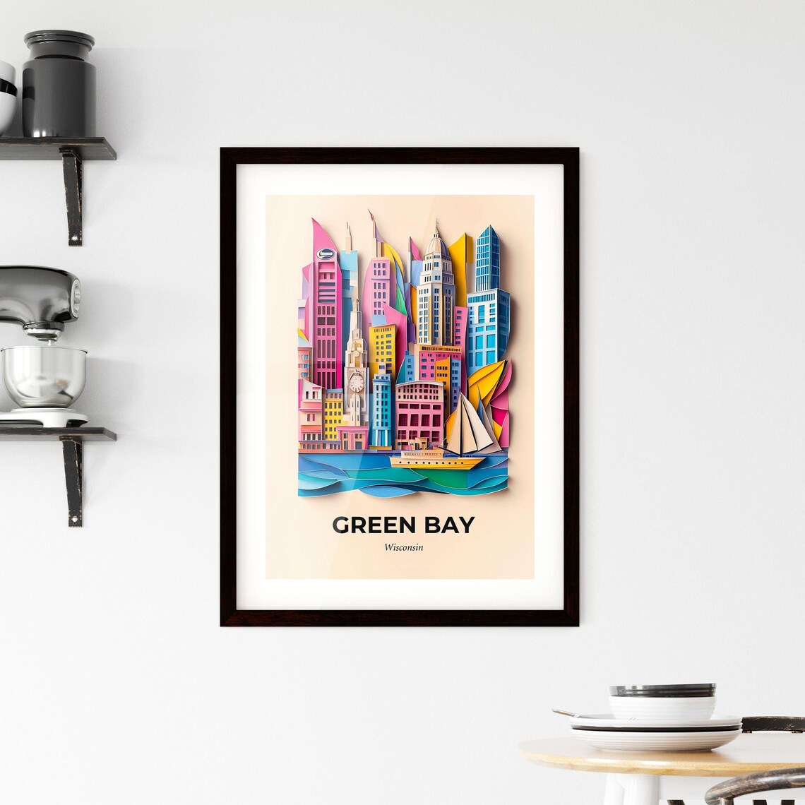 Green Bay Wisconsin Skyline Sailboat Paper Cut Travel Poster - Image 2