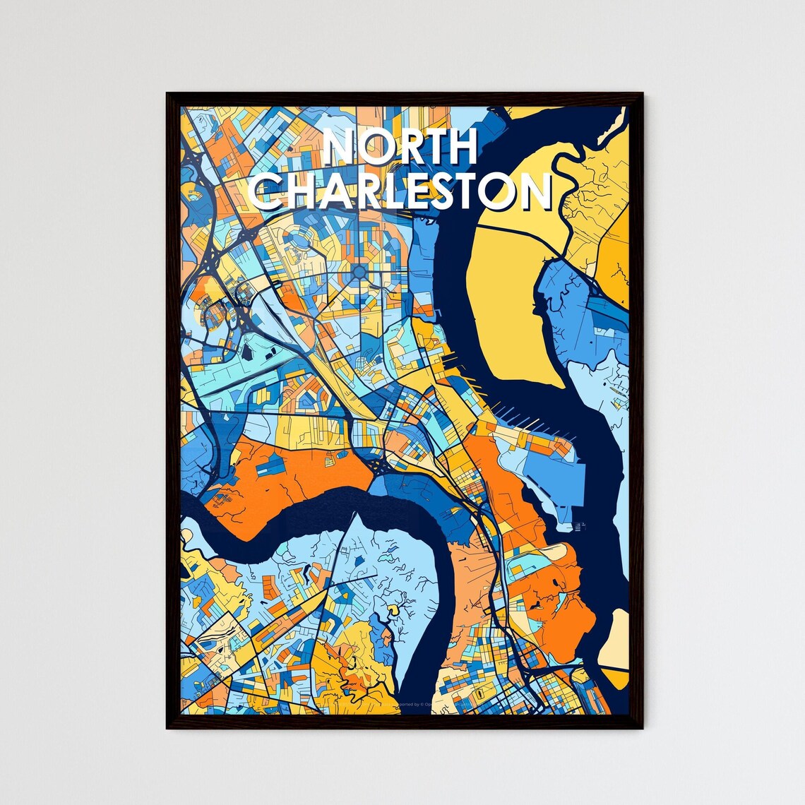 North Charleston South Carolina Bold Blue and Orange City Map Decor Poster