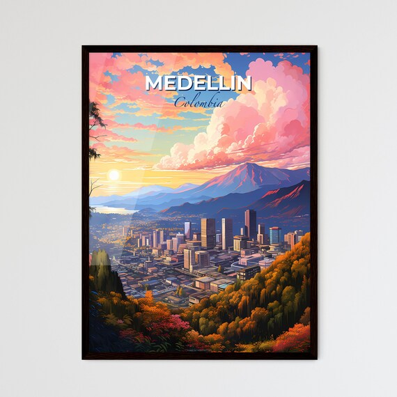 Medellin Colombia Vintage Travel Skyline Cityscape Art Poster