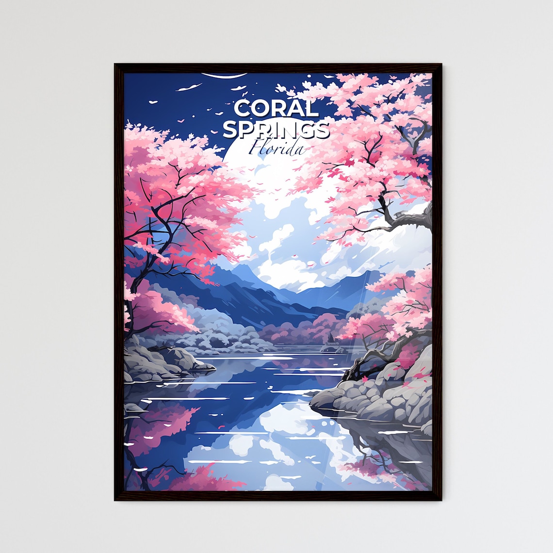 Coral Springs Florida Lake Travel Poster Blossom Trees Moonlit Art