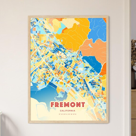 Fremont California Vibrant Colorful Blue Orange City Map Art Poster