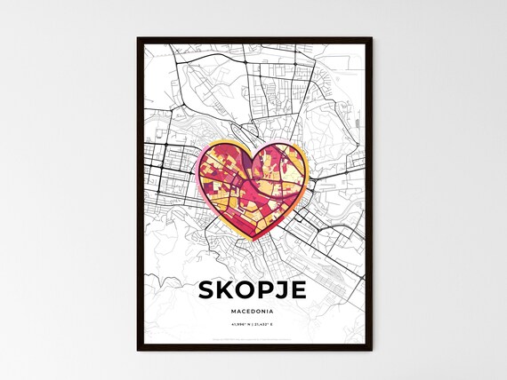Skopje Macedonia Minimalist Line Art Heart Shaped City Map Poster