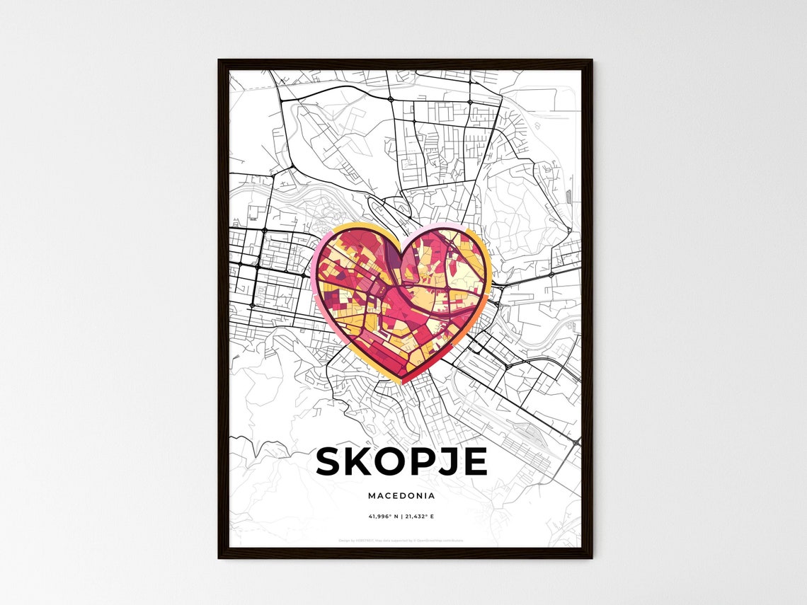 Skopje Macedonia Minimalist Line Art Heart Shaped City Map Poster