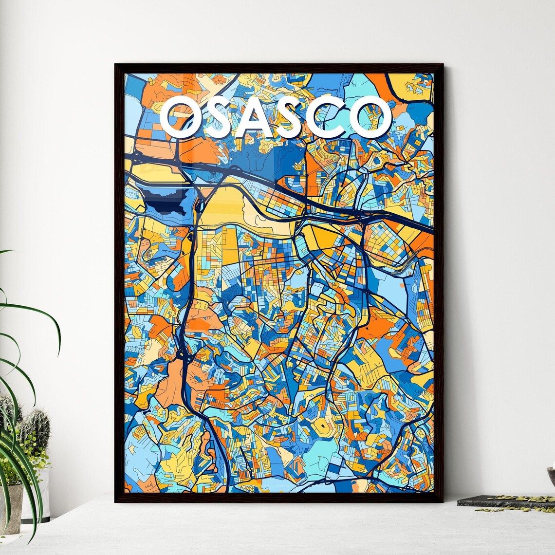 Osasco Brazil Stylish Vibrant Blue and Orange Mosaic City Map Poster