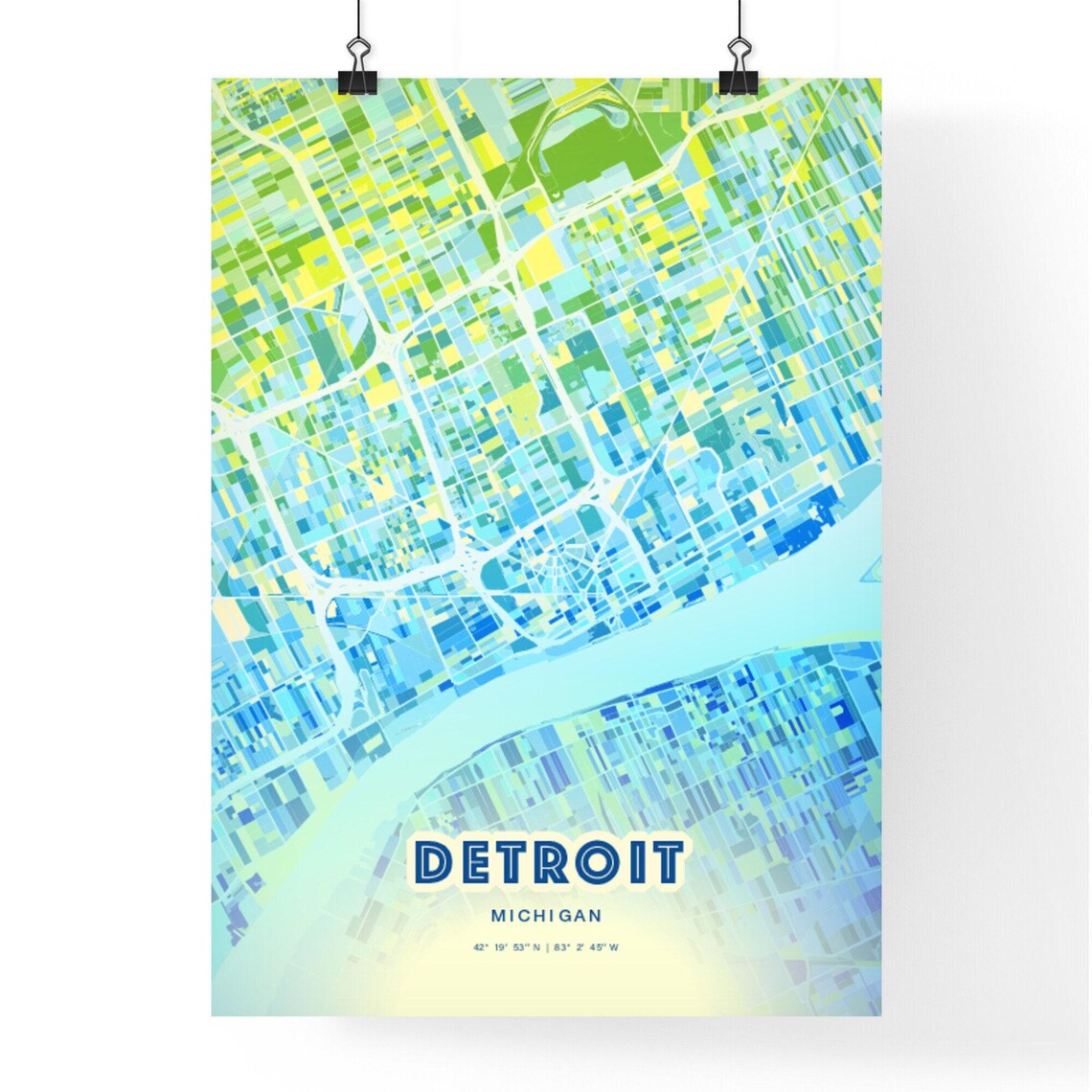 Detroit Michigan Modern Geometric Blue Green City Map Art Poster - Image 2