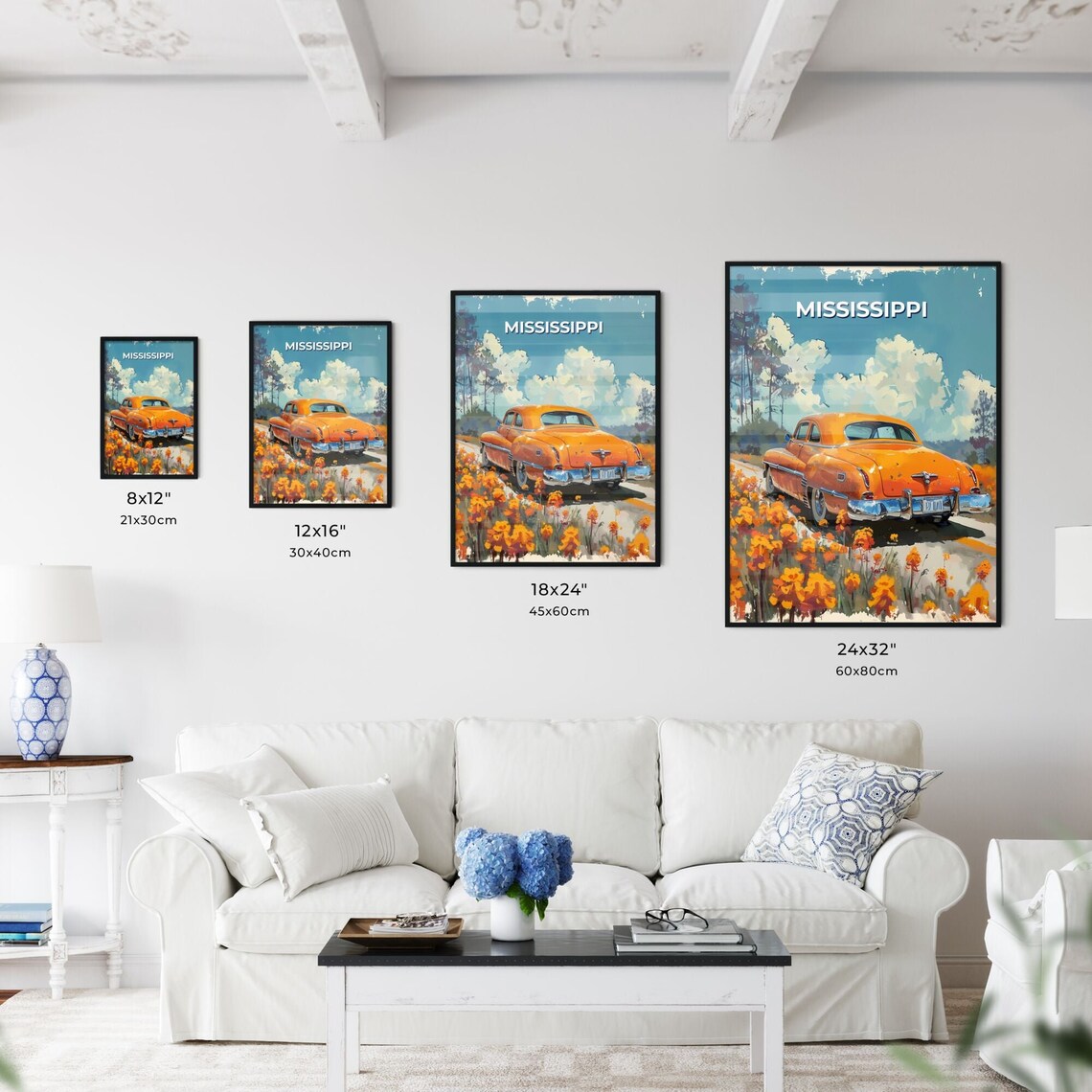 Mississippi Orange Vintage Car Wildflowers Road Trip Art Poster - Image 3