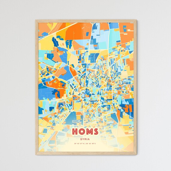 Homs Syria Colorful Blue and Orange City Street Map Art Poster