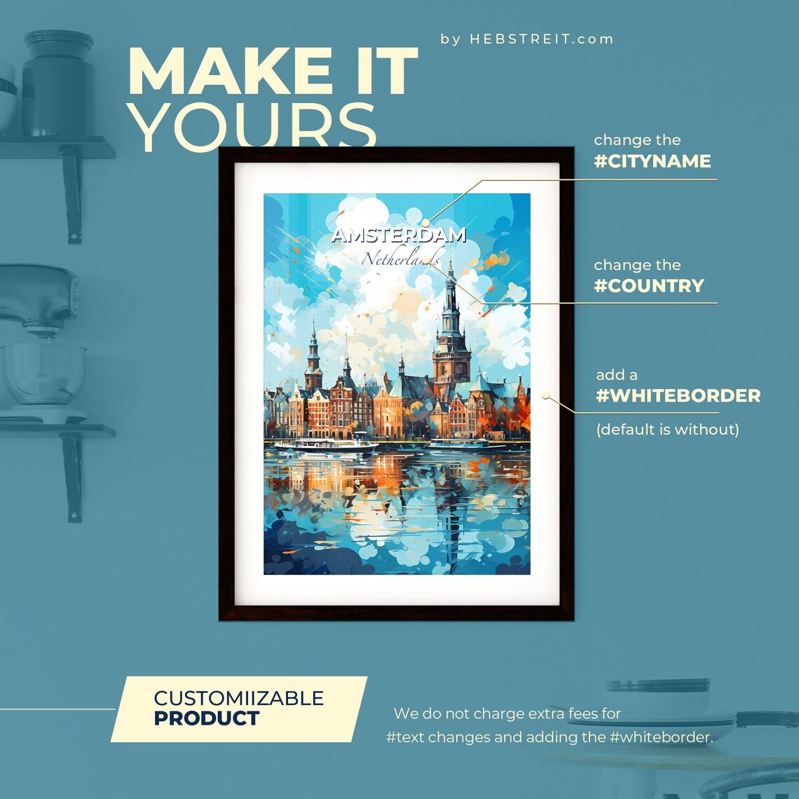 Amsterdam Netherlands Travel Poster Canal Houses Church Tower Reflection Art - Image 2