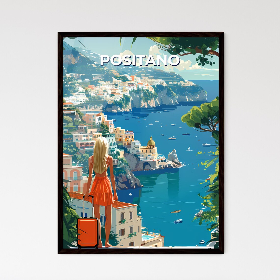 Positano Amalfi Coast Overlook Woman Suitcase Vintage Travel Poster