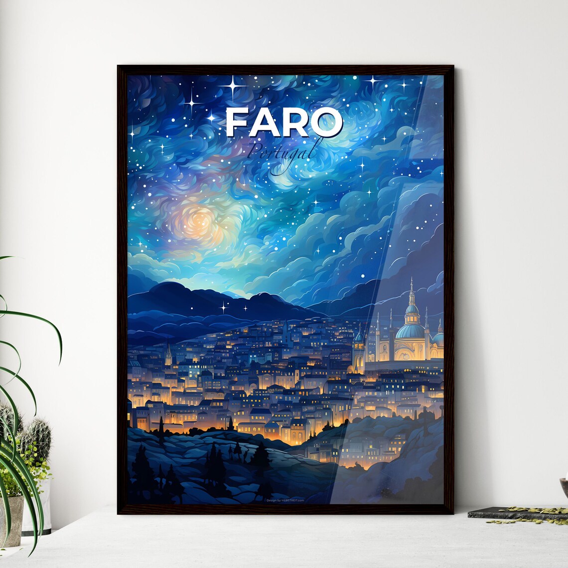 Faro Portugal Starry Night Skyline City Lights Travel Poster