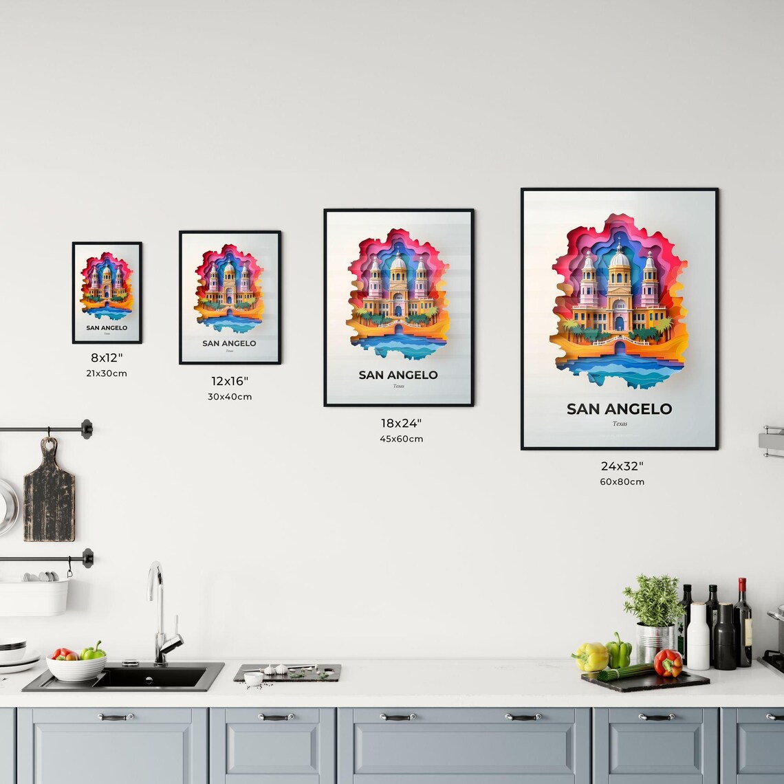 San Angelo Texas Colorful Paper Cut Historic Building Travel Poster - Image 3