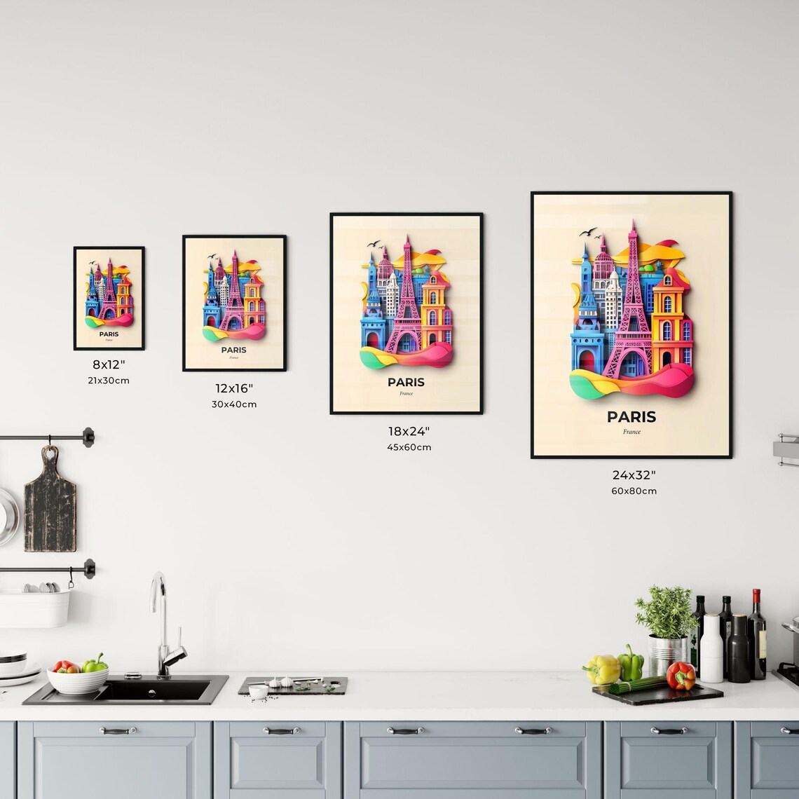 Paris France Colorful Paper Cut Eiffel Tower Skyline Travel Poster - Image 3