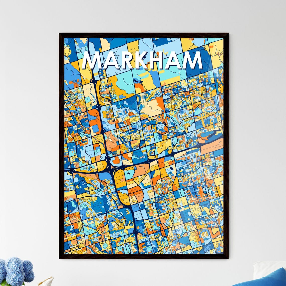 Markham Canada Bold City Map Art Poster in Navy Orange and Yellow