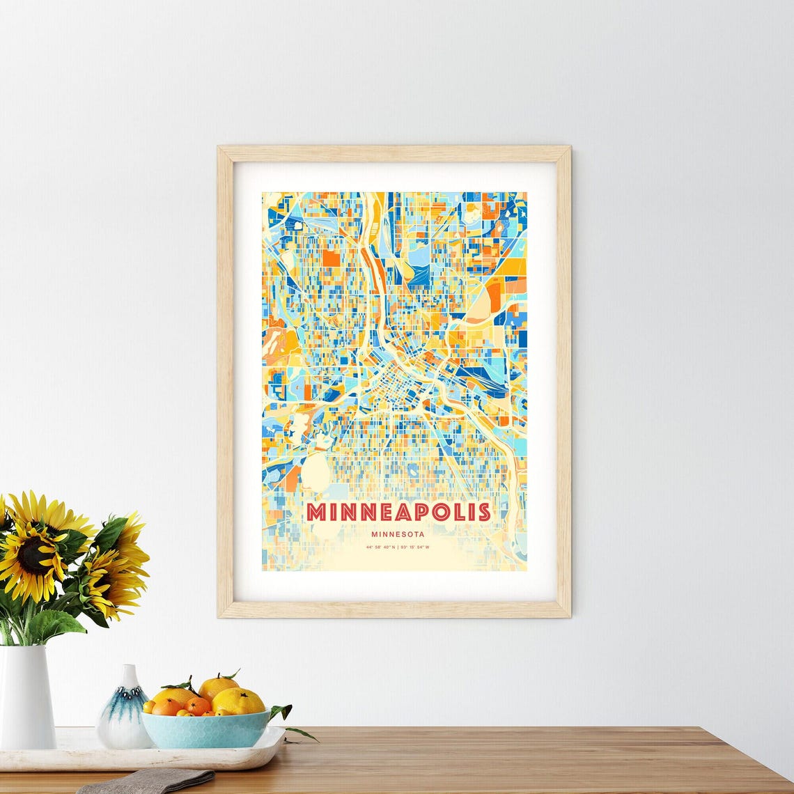 Minneapolis Minnesota Vibrant Blue and Orange City Map Art Poster - Image 2