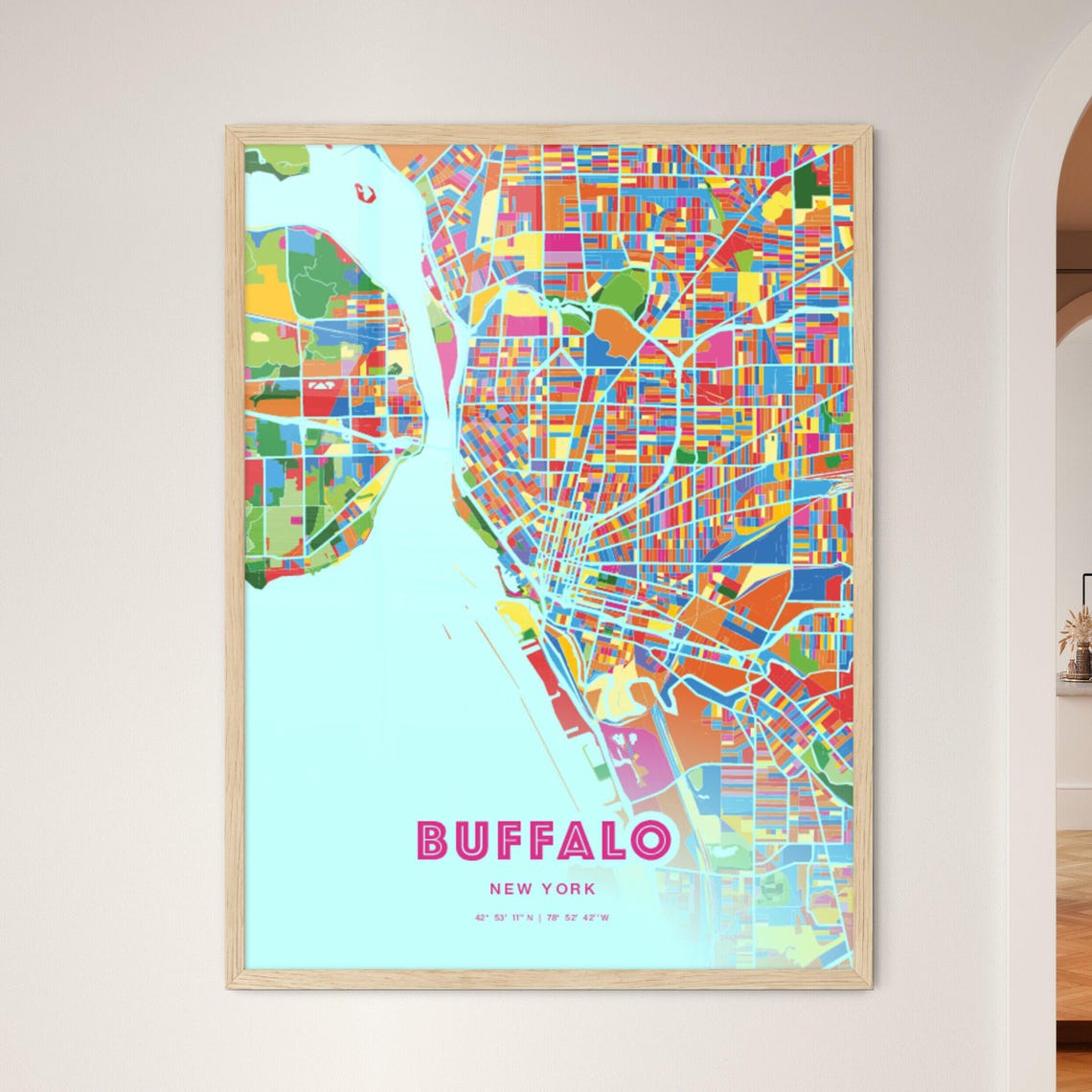 Buffalo New York Crazy Colorful Art Map Customizable Poster Print Unique Wall Decor Personalized Gift