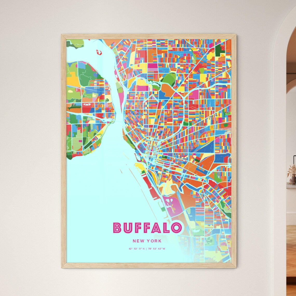 Buffalo New York Vibrant Crazy Colorful Mosaic City Map Poster