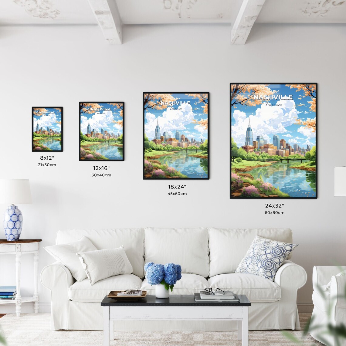 Nashville Tennessee Skyline Travel Poster Riverside City Spring Blossom Art - Image 3