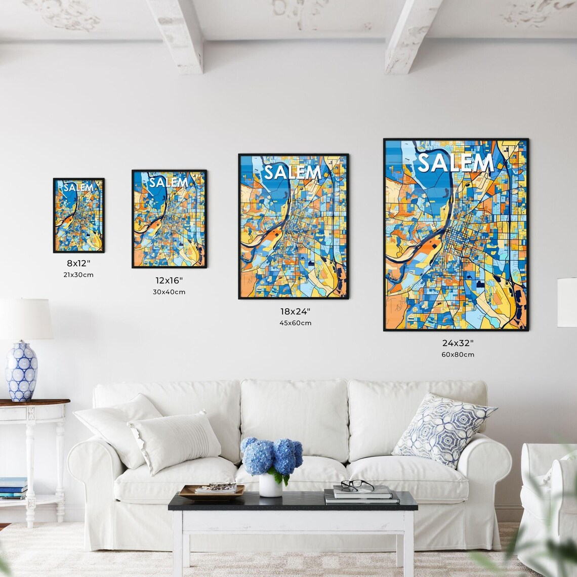 Salem Oregon Vibrant Stylized Blue and Orange City Map Poster - Image 3