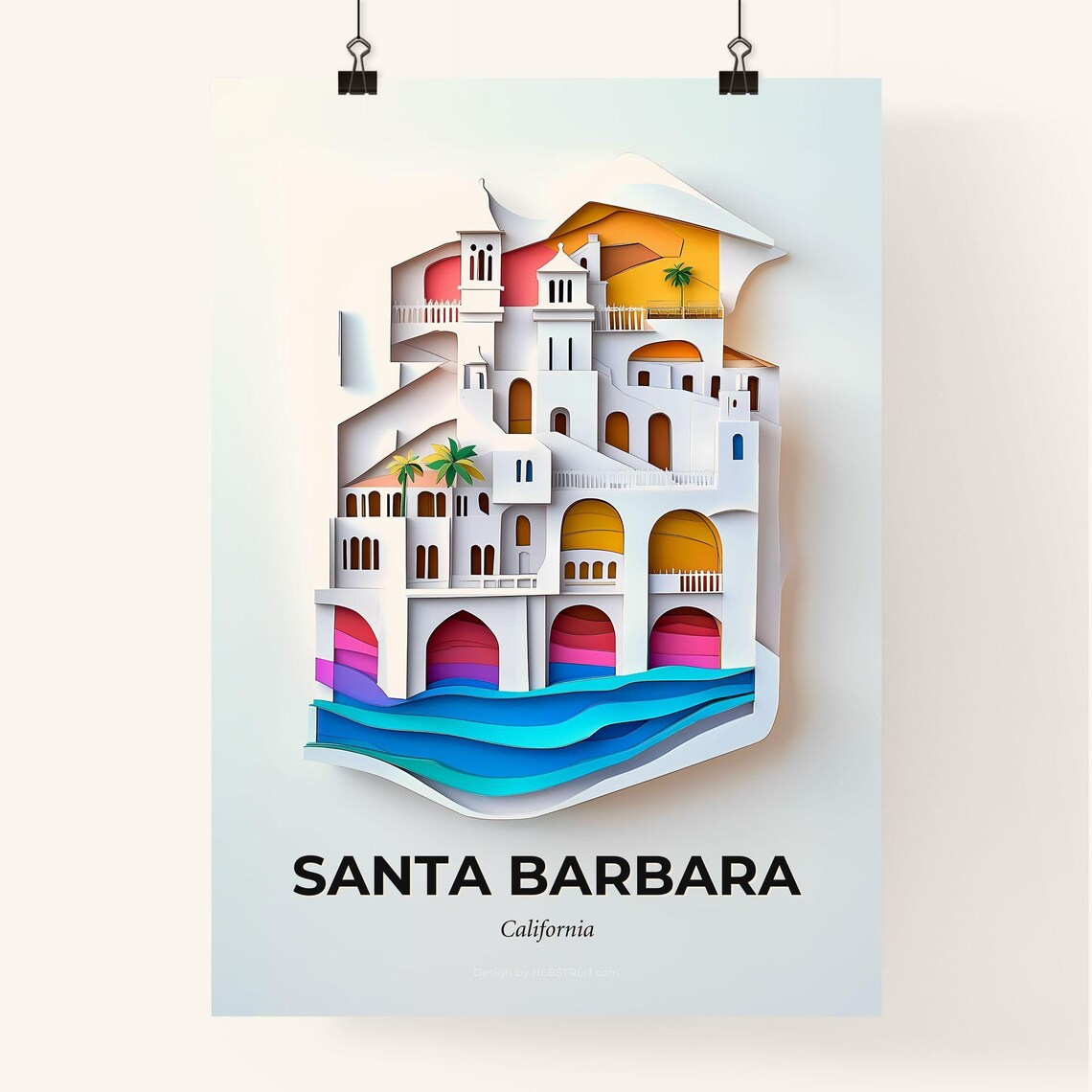 Santa Barbara California Paper Cut Mission Architecture Travel Poster - Image 4