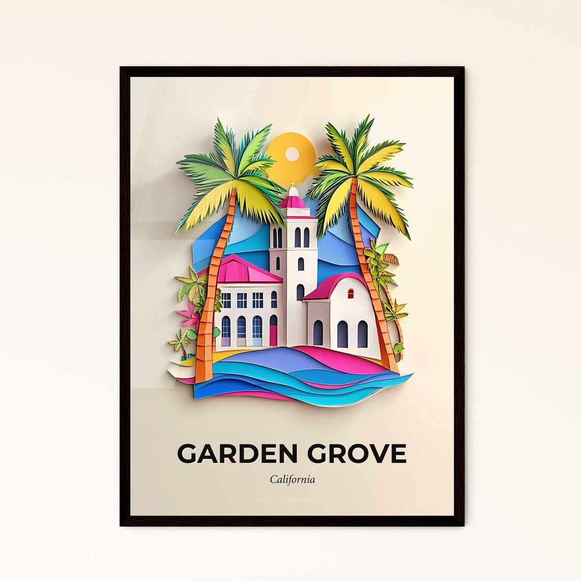 Garden Grove California Mission Church Palms Paper Cut Art Poster